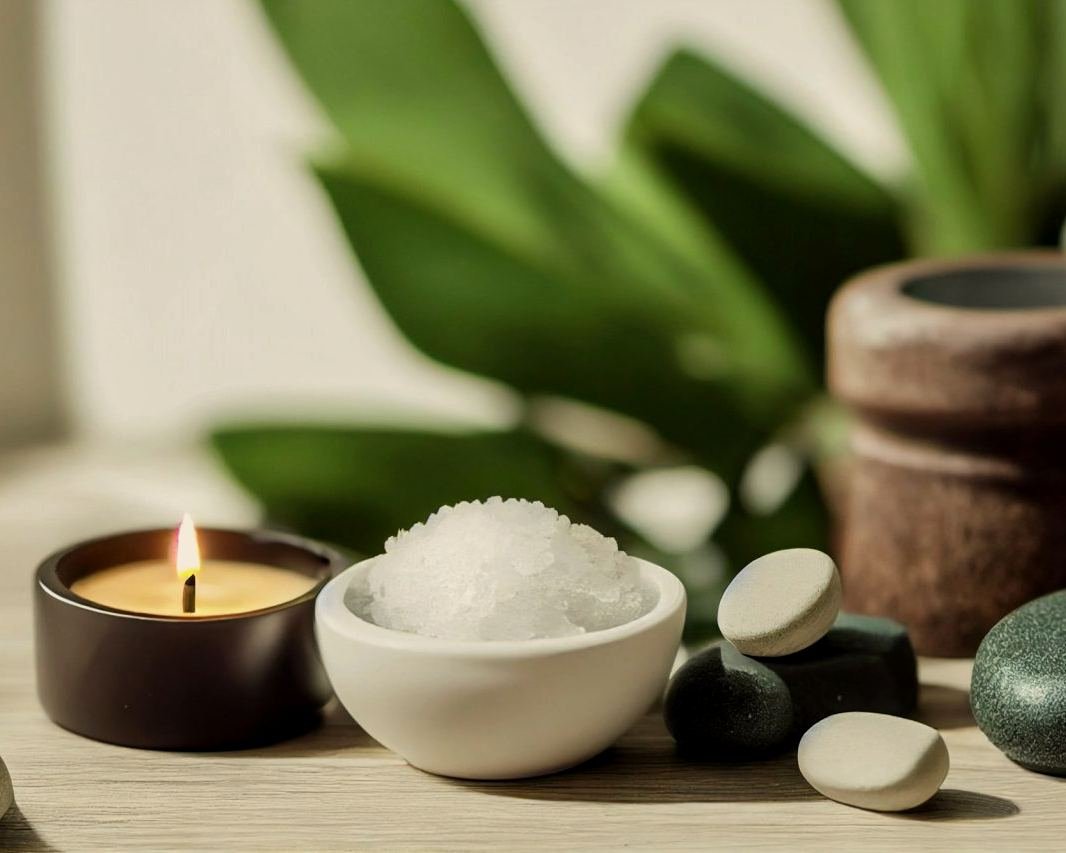 A candle, a bowl of salt and smooth stones beside a plant